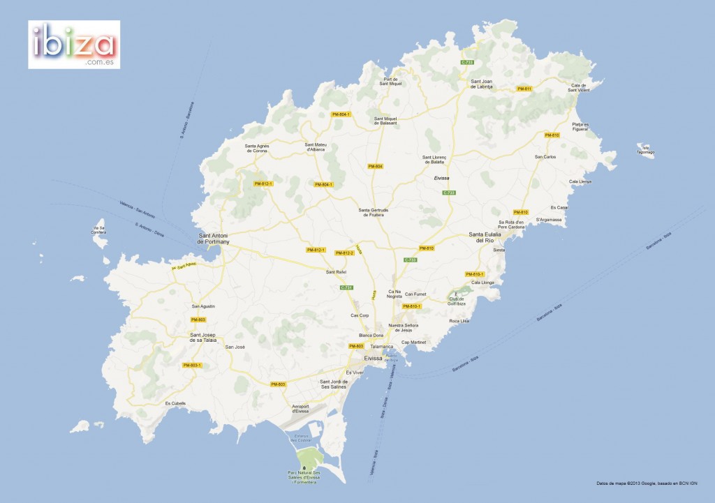mapa de ibiza incluyendo carreteras y poblaciones